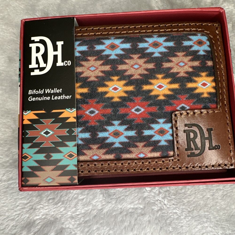 Red‎ Dirt Hat Co Bifold Wallet Leather Southwest Aztec Canvas Inlay Bison Grain